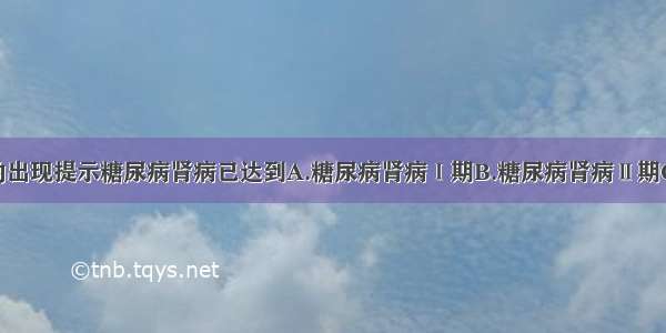 大量蛋白尿的出现提示糖尿病肾病已达到A.糖尿病肾病Ⅰ期B.糖尿病肾病Ⅱ期C.糖尿病肾病