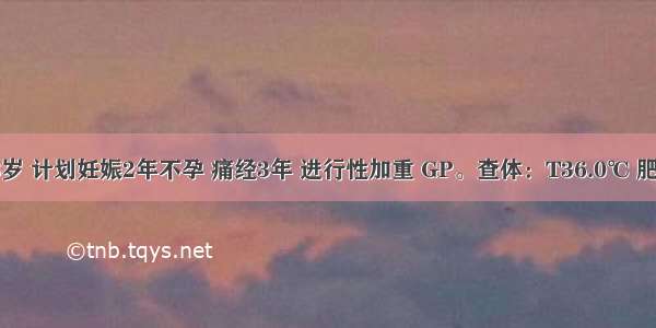 女性 28岁 计划妊娠2年不孕 痛经3年 进行性加重 GP。查体：T36.0℃ 肥胖体态；
