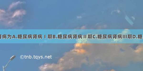 临床糖尿病肾病为A.糖尿病肾病Ⅰ期B.糖尿病肾病Ⅱ期C.糖尿病肾病Ⅲ期D.糖尿病肾病Ⅳ期