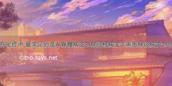 糖尿病神经并发症中 最常见的是A.脊髓病变B.神经根病变C.周围神经病变D.中枢神经系统