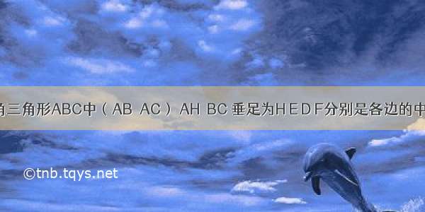 如图 锐角三角形ABC中（AB＞AC） AH⊥BC 垂足为H E D F分别是各边的中点 则四