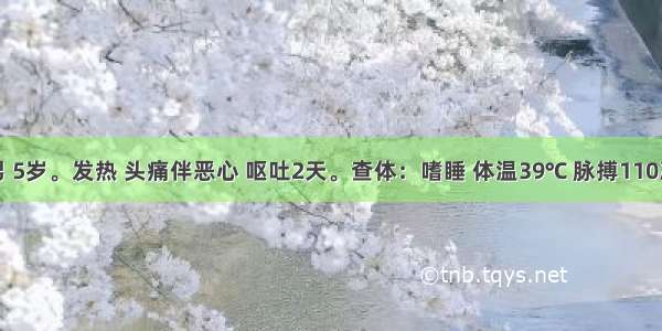 患儿 男 5岁。发热 头痛伴恶心 呕吐2天。查体：嗜睡 体温39℃ 脉搏110次／分 