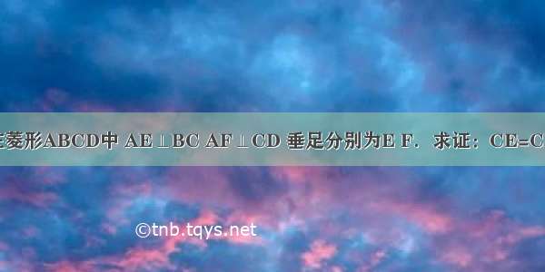 在菱形ABCD中 AE⊥BC AF⊥CD 垂足分别为E F．求证：CE=CF．