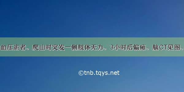 58岁 男性高血压患者。爬山时突发一侧肢体无力。3小时后偏瘫。脑CT见图。可能的诊断