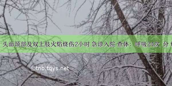 男孩 8岁 头面颈部及双上肢火焰烧伤2小时 急诊入院 查体：呼吸24次／分 烦躁不安