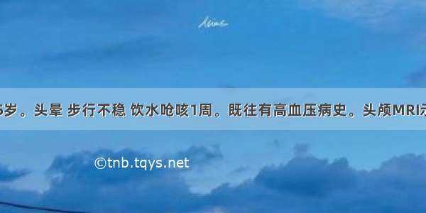 患者 男 65岁。头晕 步行不稳 饮水呛咳1周。既往有高血压病史。头颅MRI示延髓背外