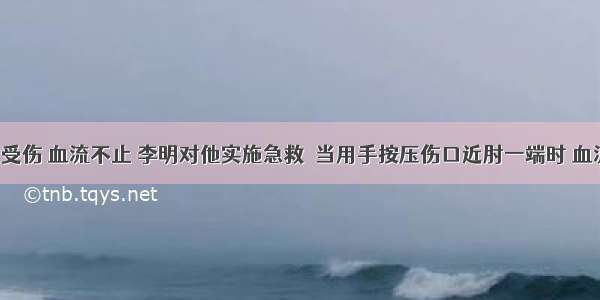 小张前臂受伤 血流不止 李明对他实施急救．当用手按压伤口近肘一端时 血流仍不止；