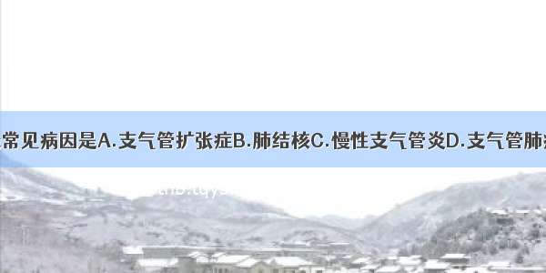 国内咯血的最常见病因是A.支气管扩张症B.肺结核C.慢性支气管炎D.支气管肺癌E.风湿性心