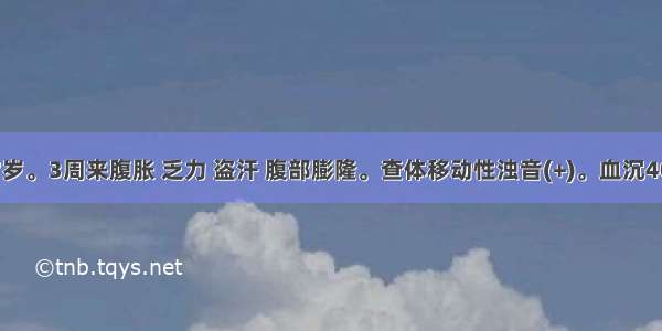 患者女 37岁。3周来腹胀 乏力 盗汗 腹部膨隆。查体移动性浊音(+)。血沉40mm／h。