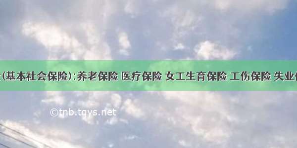 五金(基本社会保险):养老保险 医疗保险 女工生育保险 工伤保险 失业保险.