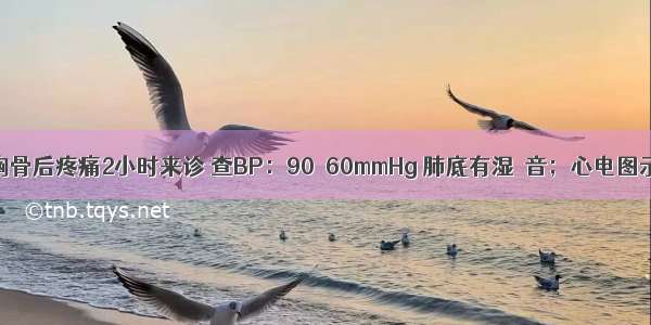 男性50岁 胸骨后疼痛2小时来诊 查BP：90／60mmHg 肺底有湿啰音；心电图示：以前导