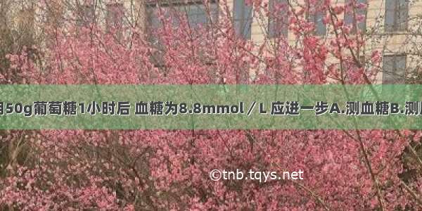 若此患者服用50g葡萄糖1小时后 血糖为8.8mmol／L 应进一步A.测血糖B.测尿糖C.做糖耐