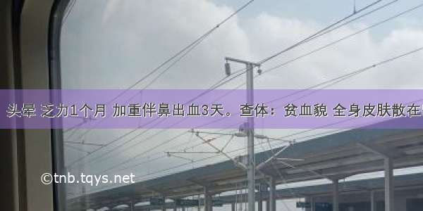 男 23岁。头晕 乏力1个月 加重伴鼻出血3天。查体：贫血貌 全身皮肤散在出血点 浅