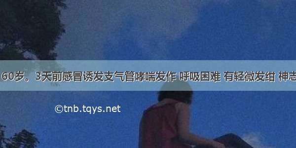 患者男性 60岁。3天前感冒诱发支气管哮喘发作 呼吸困难 有轻微发绀 神志清醒。应