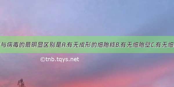 单选题细菌与病毒的最明显区别是A.有无成形的细胞核B.有无细胞壁C.有无细胞结构D.有