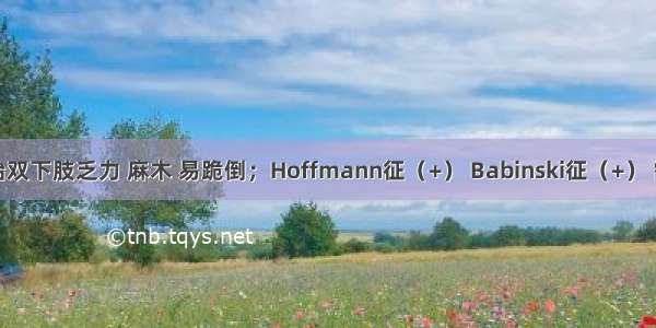 如患者开始双下肢乏力 麻木 易跪倒；Hoffmann征（+） Babinski征（+） 需考虑伴有