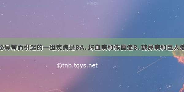 因激素分泌异常而引起的一组疾病是BA. 坏血病和侏儒症B. 糖尿病和巨人症C. 糖尿病