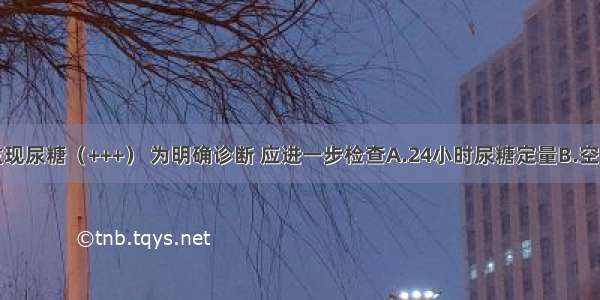 患者查体发现尿糖（+++） 为明确诊断 应进一步检查A.24小时尿糖定量B.空腹血糖C.血