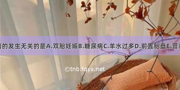 ( )与先兆子痫的发生无关的是A.双胎妊娠B.糖尿病C.羊水过多D.前置胎盘E.营养不良ABCDE