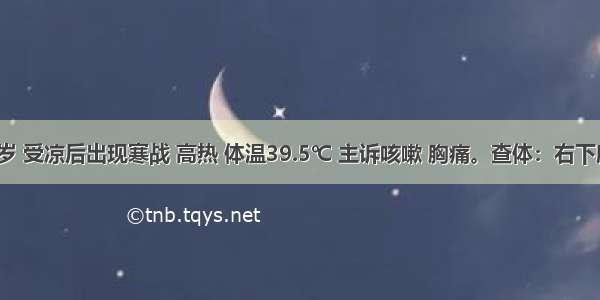 男性 23岁 受凉后出现寒战 高热 体温39.5℃ 主诉咳嗽 胸痛。查体：右下肺叩诊浊