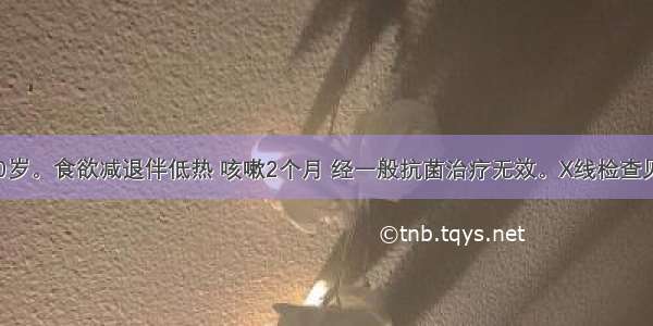 患者 男 20岁。食欲减退伴低热 咳嗽2个月 经一般抗菌治疗无效。X线检查见右肺中叶