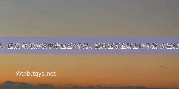 男性 65岁。低热 咳嗽并痰中带血丝3个月。胸片显示左肺上叶不张 少量胸膜腔积液。