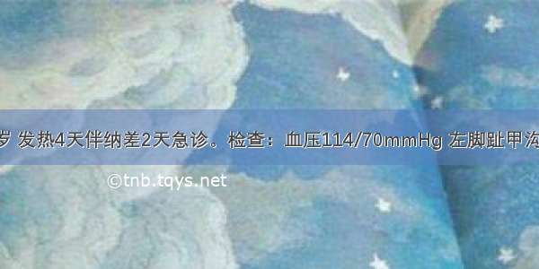 患者 男 16岁 发热4天伴纳差2天急诊。检查：血压114/70mmHg 左脚趾甲沟部红肿破溃