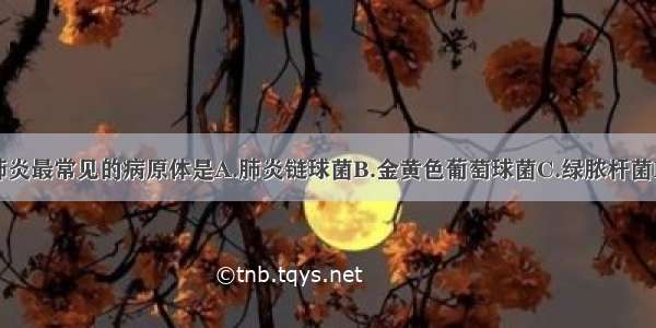 社区获得性肺炎最常见的病原体是A.肺炎链球菌B.金黄色葡萄球菌C.绿脓杆菌D.肺炎克雷白