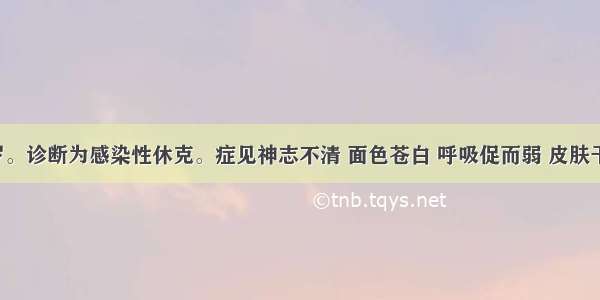 患儿 7岁。诊断为感染性休克。症见神志不清 面色苍白 呼吸促而弱 皮肤干燥 尿少