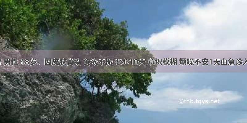 患者 男性 48岁。因皮肤黄染 食欲不振 恶心10天 意识模糊 烦躁不安1天由急诊入