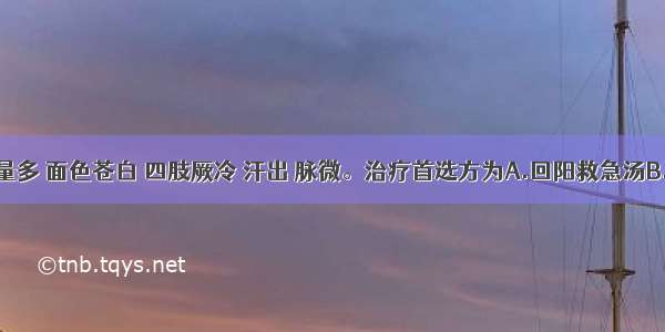 患者吐血量多 面色苍白 四肢厥冷 汗出 脉微。治疗首选方为A.回阳救急汤B.生脉饮C.