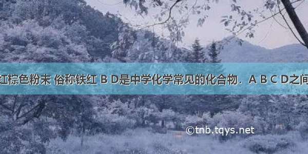 已知A是红棕色粉末 俗称铁红 B D是中学化学常见的化合物．A B C D之间有如下转