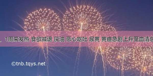 男 20岁。1周来发热 食欲减退 厌油 恶心呕吐 尿黄 黄疸急剧上升至血清总胆红素1