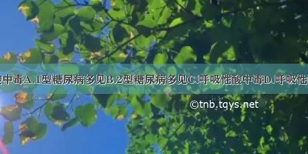 糖尿病酮症酸中毒A.1型糖尿病多见B.2型糖尿病多见C.呼吸性酸中毒D.呼吸性碱中毒E.代谢